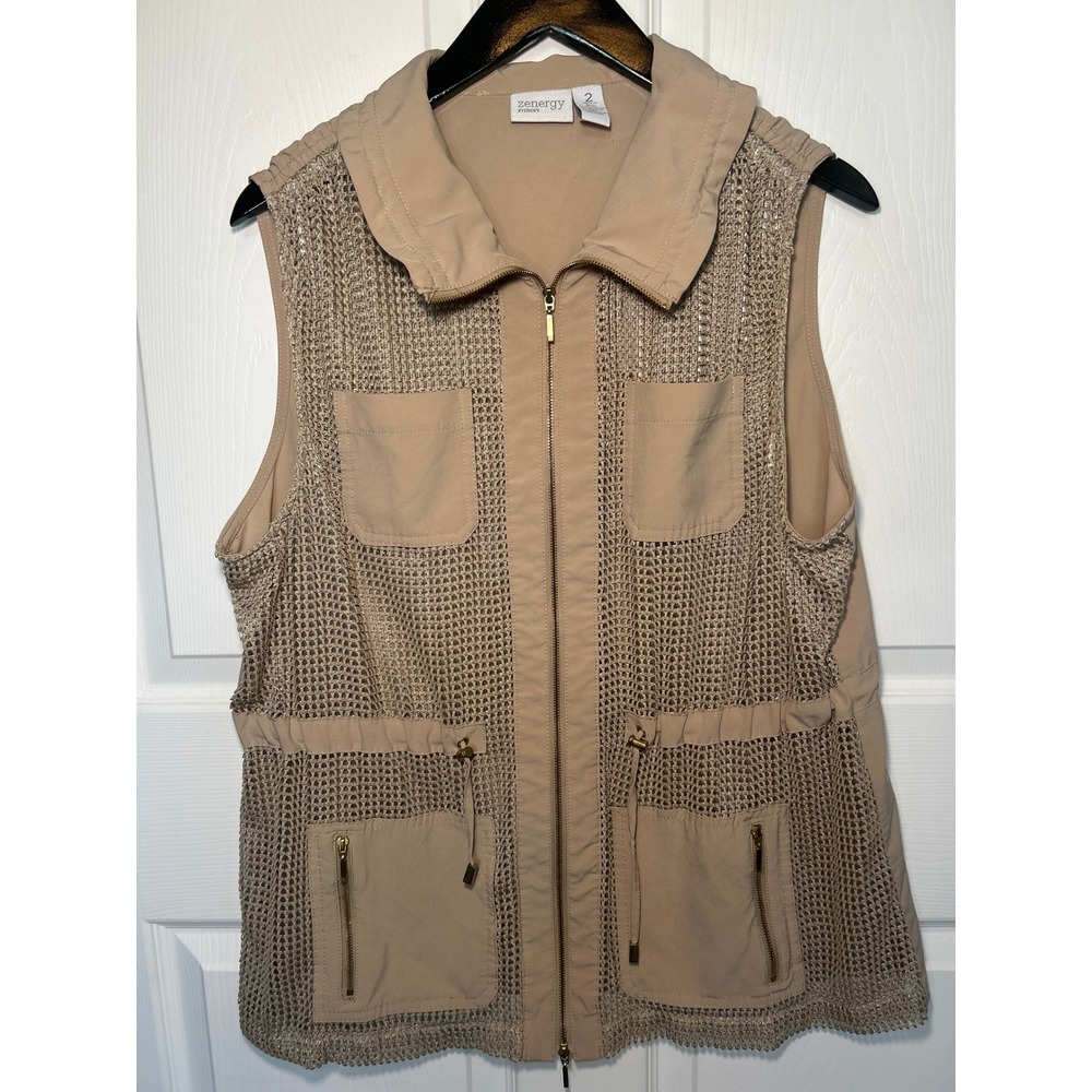Chico's Zenergy Beige Mesh Knit Utility Vest Size Large Gold Hardware Size‎ 2